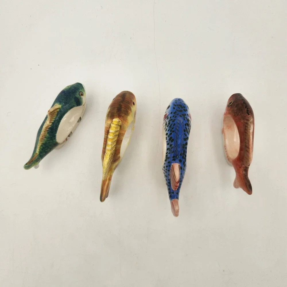Vintage Style Hand Painted Ceramic Fish Napkin Rings Set of 4 Multicolor Coastal